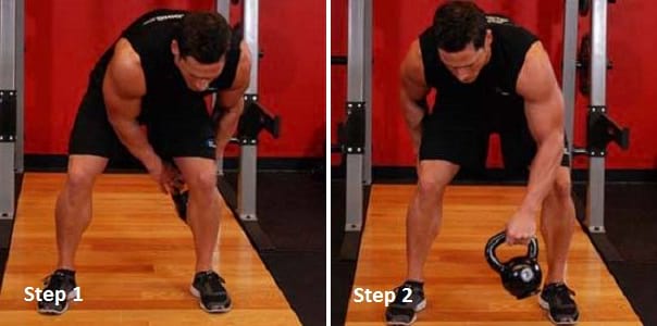 man showing how to perform the kettlebell figure 8 exercise